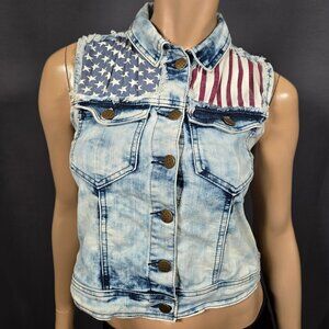 Y2K Cropped Denim Vest Size XS Stars And Stripes Cowgirl Grunge Light Wash